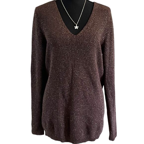 Lane Bryant Women's Dark Brown Gold Metallic V Neck Plus Size Fall Sweater 14/16 - Picture 6 of 6